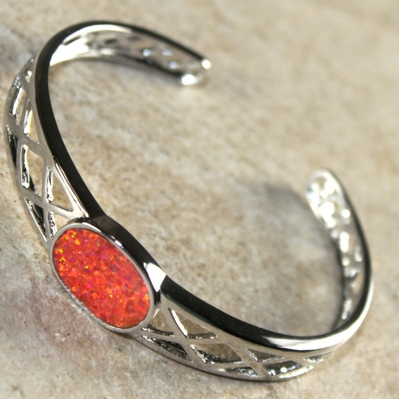 Orange Fire Opal Silver Bracelet Cuff Open End - Picture 1 of 2